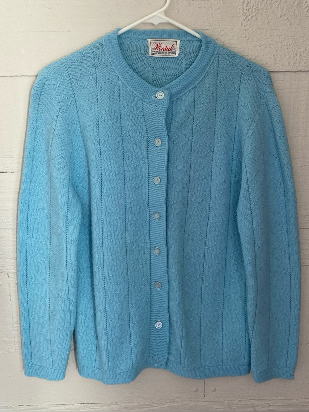 Vintage Wintuk Baby Blue Vertical Pointelle Knit Cardigan Orlon Acrylic Sweater